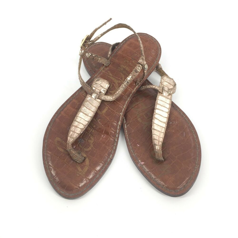 Sam Edelman Gigi Leather Thong Sandals Size 8 M Womens Gold Brown Ankle Strap